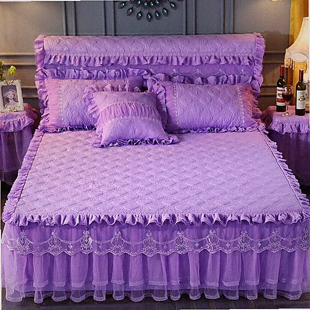 1X Princess Lace Padded Bed Skirt Cover Sheet Ruffled Heart Print Bedspread Cute