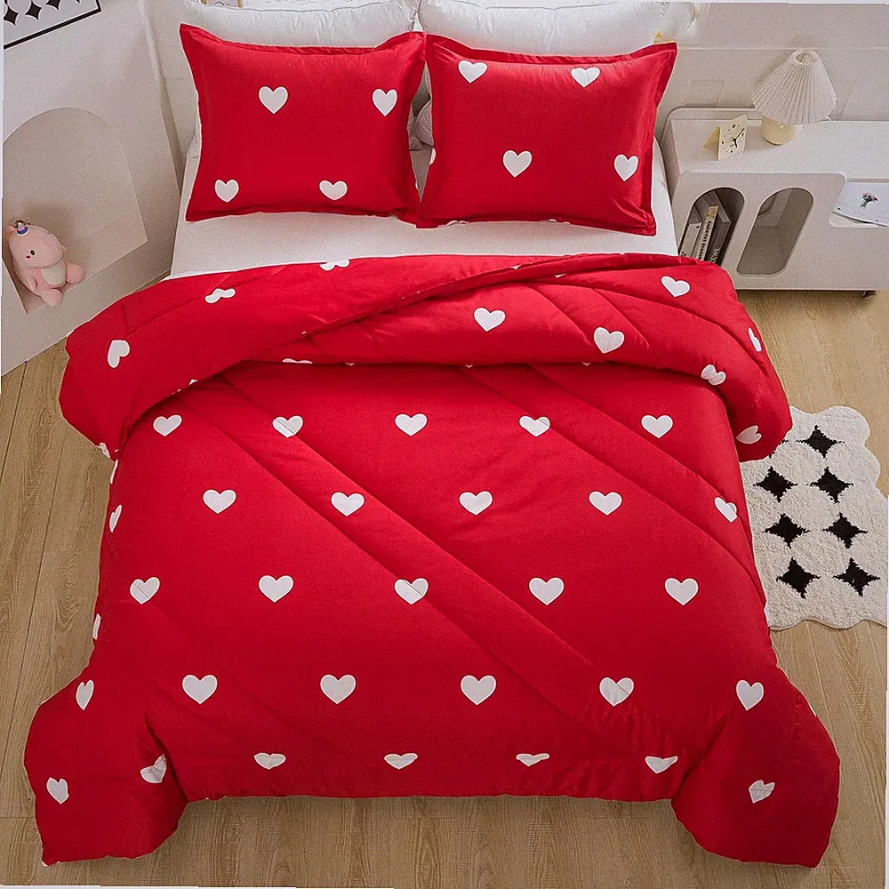 Caressma Love Comforter Set Full Size - Cute White Heart Print Red Bedding Comfo