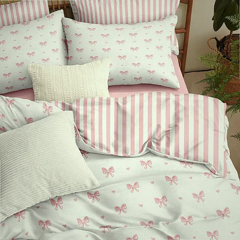 Ccoutuechen Bow Comforter Set Full Size Pink Striped Heart Bedding Set Kids