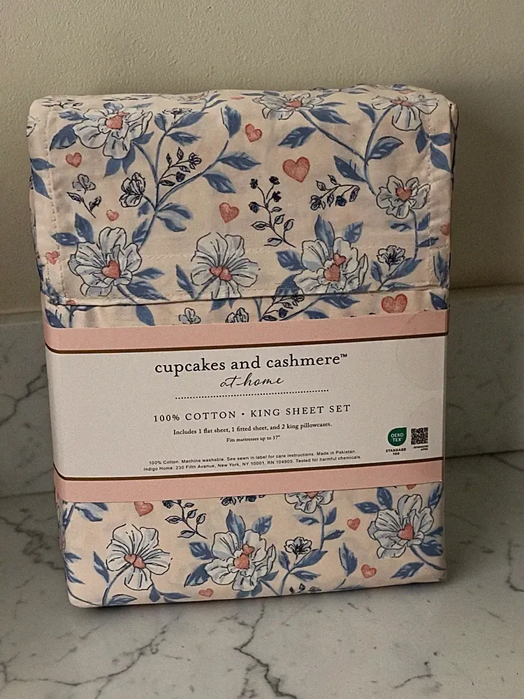 Cupcakes & Cashmere King Sheet Set Pink Blue Floral Heart Print 4 Pc Bedding