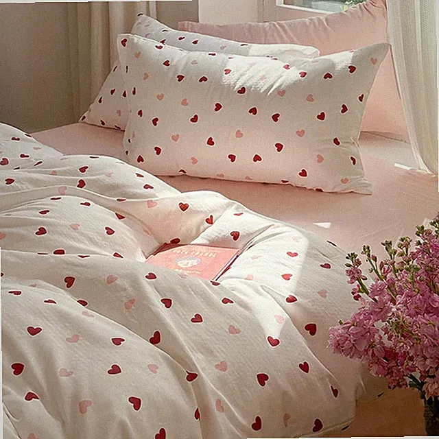 Duvet Cover Set King Size, White Pink Red Heart Printed Bedding Duvet