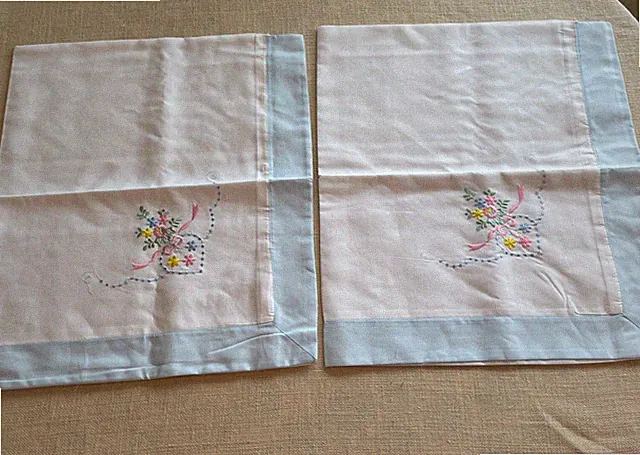 Embroidered Linen White /Blue Hearts Pillow Shams