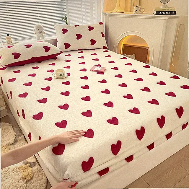Fitted Sheet Elastic Mattress Cover Red Heart Printed Coral Fleece Bed Linens