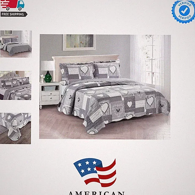 Grey Heart Love Patchwork, 3-Piece Quilt Set with 2 Shams, Reversible Bedspre...