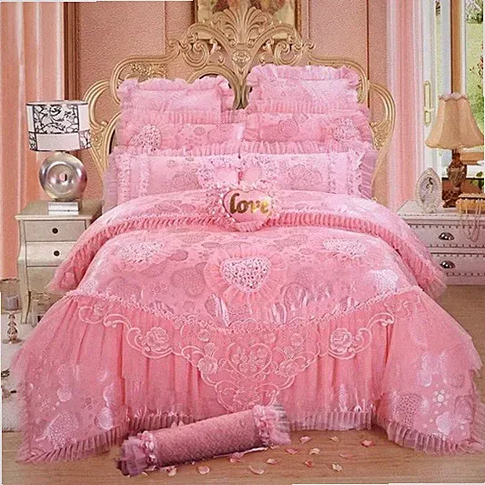 Heart Lace Embroidered Bedding Set Pink Red Duvet Pillowcases Decorative Bolster