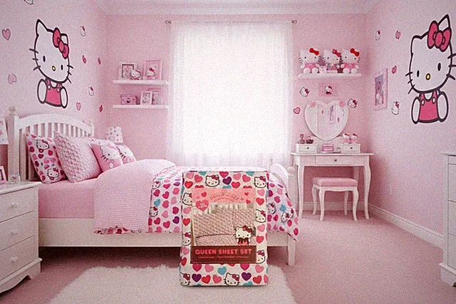 Hello Kitty Cotton Sheet Set, White/Hearts (QUEEN)