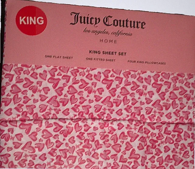 JUICY COUTURE 6 PIECE HEARTS 💕 DESIGN KING SHEET SET Pink & White NIP
