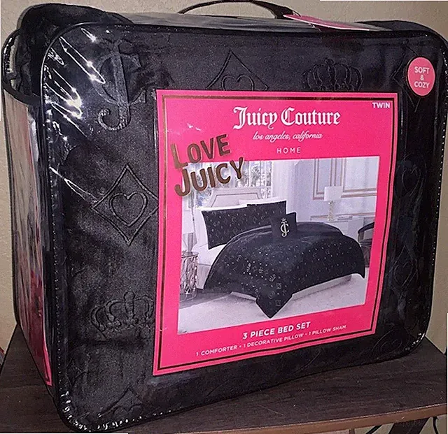Juicy Couture Black Plush Crowns,Monogram,Hearts Embossed 3pc TWIN Comforter Set