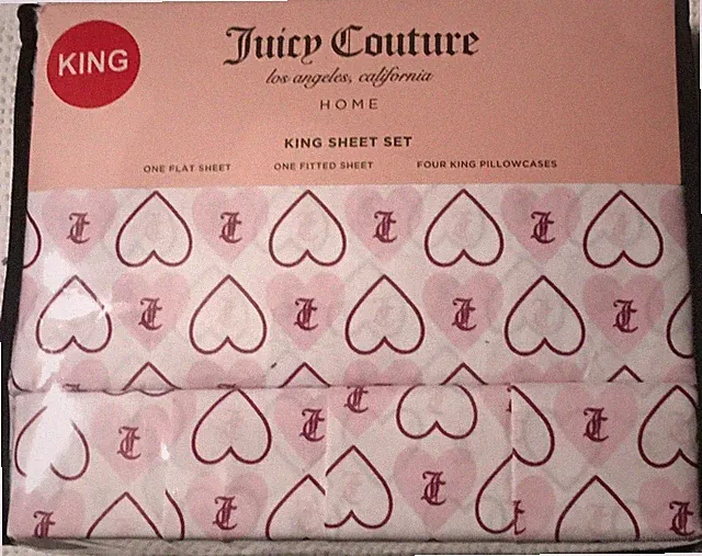 JUICY COUTURE HEARTS 💕 LOGO DESIGN KING SIZE 6 Pc SHEET SET NEW