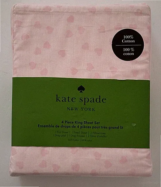 Kate Spade 4 Piece KING Sheet Set Light Pink Hearts 100% Cotton Valentine's Day
