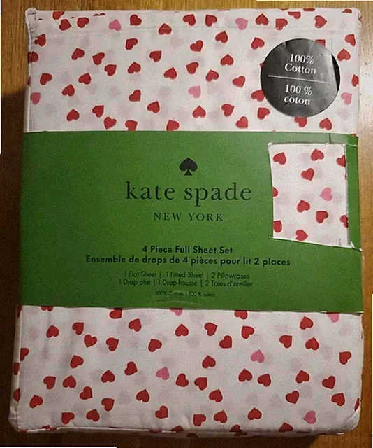 Kate Spade FULL Size Valentine's Day Cotton Holiday Scatter Hearts 4pc Sheet Set