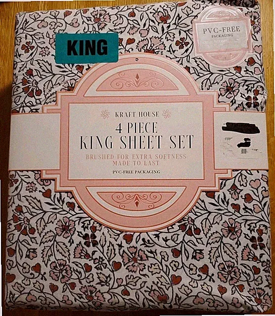 Kraft House Valentine's Day King 4pc Sheet Set Red Hearts ❤️ Floral
