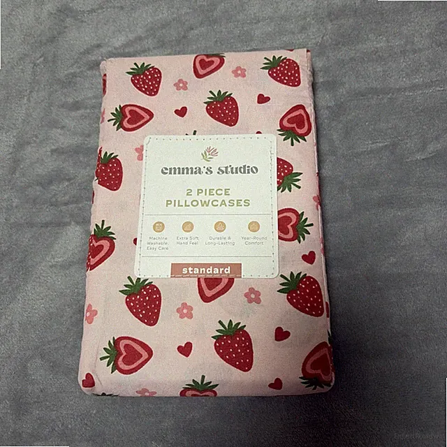 new 2 STANDARD PILLOW CASES Pink White STRAWBERRY Hearts Flowers SOFT Durable