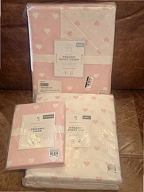 NEW Pottery Barn Kids Organic Heart Twin Duvet Cover, Sham, Sheet Set, Pink