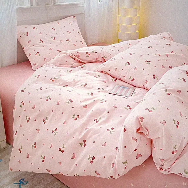 Pink Cherry Duvet Cover Queen Size 100% Cotton Heart Dots Pattern Cute Japane...