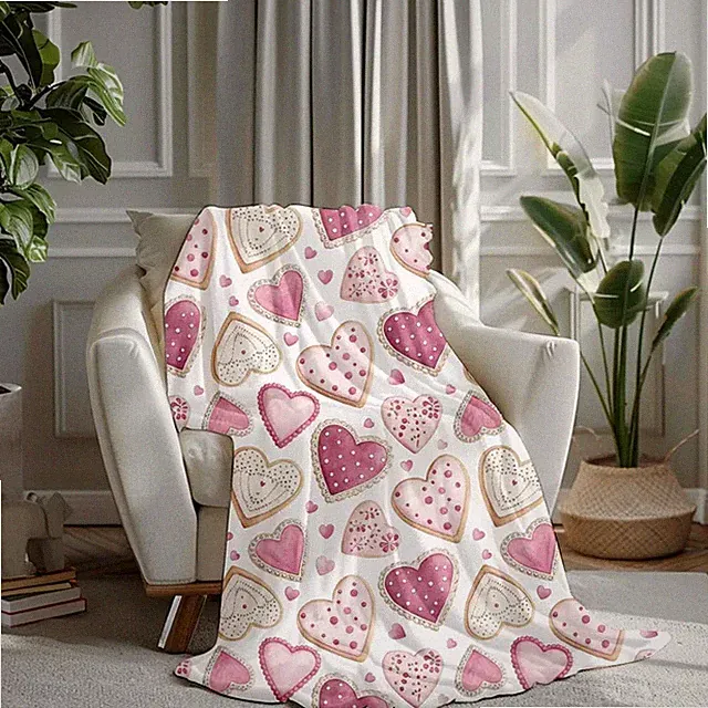 Pink Heart Pattern Valentine Blanket Sweet Romantic Decor