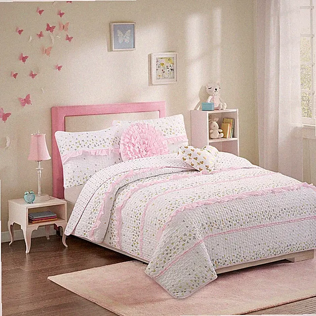 Pink Ruffle Metallic Hearts Girl Reversible Quilt Bedding Set,Bedspread,Coverlet