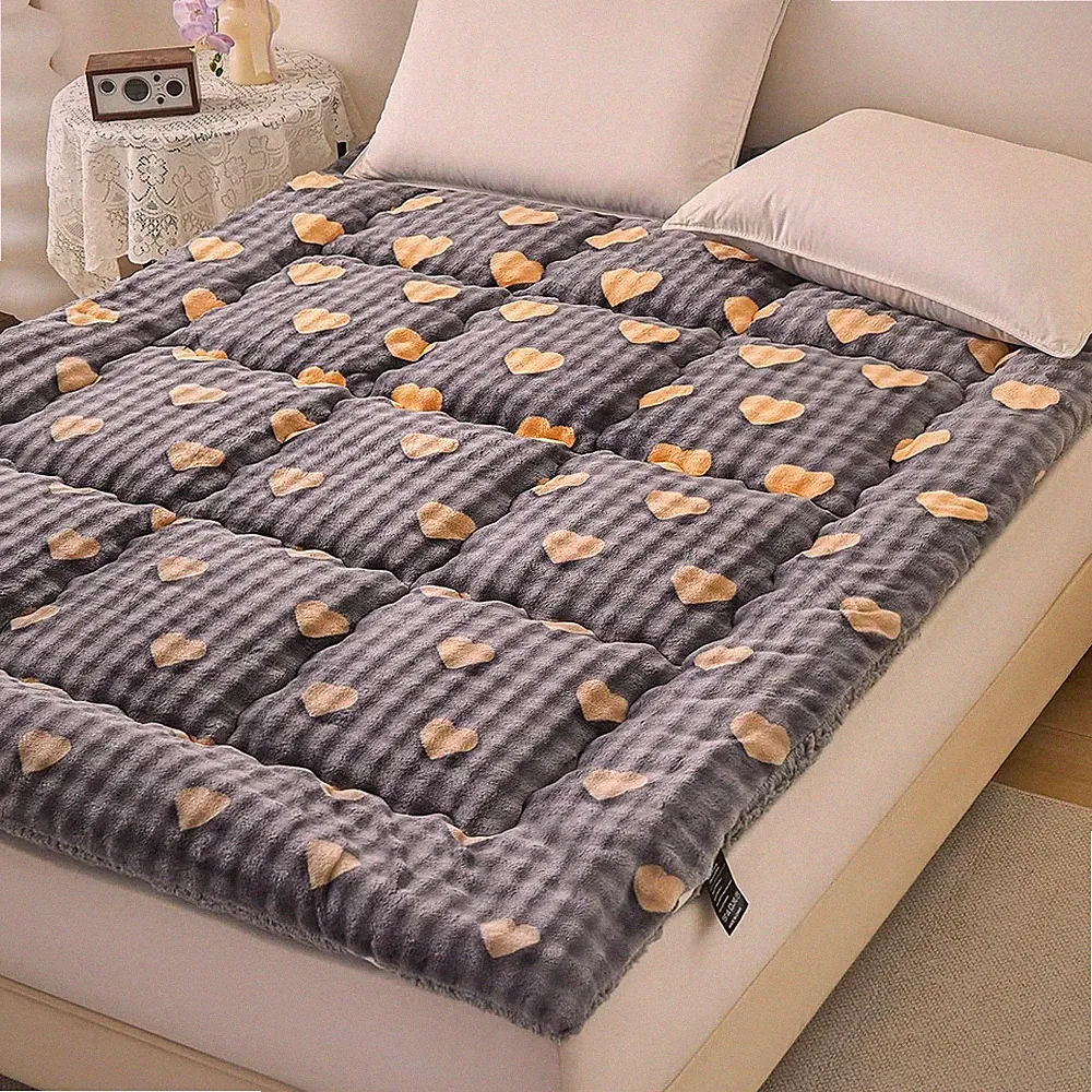 Plush Velvet Queen Mattress Topper 60x80, Deep Pocket, Washable, Gray Heart
