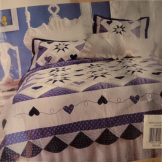 Queen Quilt Set Hearts Pattern Purple White Black Quilted Bedroom Rectangular