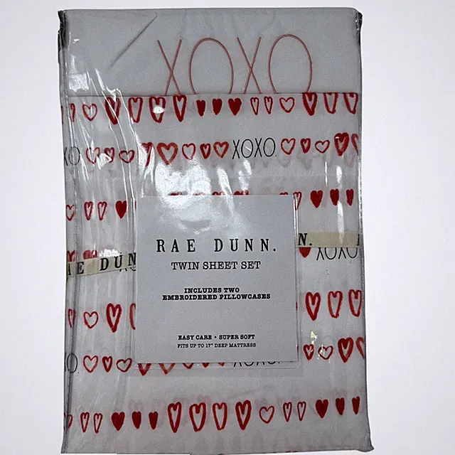 Rae Dunn Twin Sheet Set Valentines Embroidered Pillowcase Hearts XOXO Love NWT