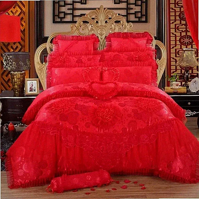 Red Pink Lace Cotton Hearts Queen Bedding Set 5-Piece Embroidered French Country