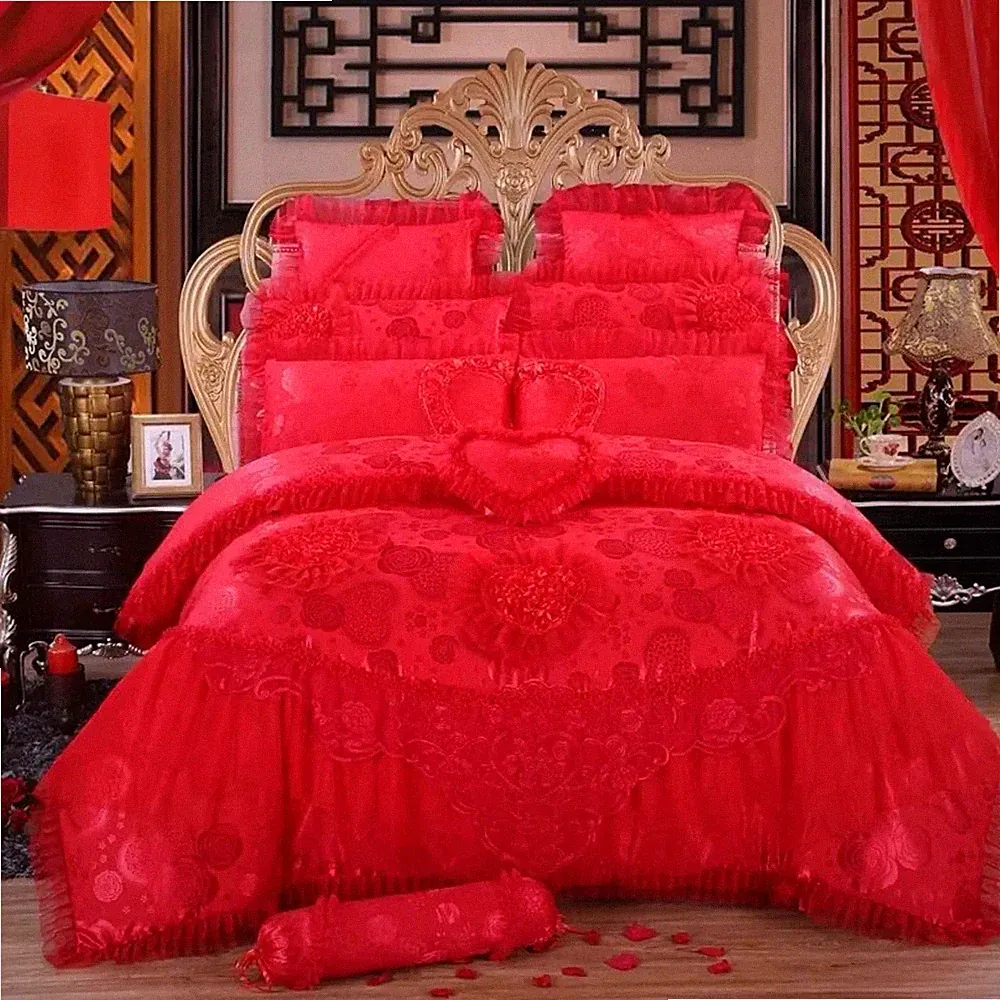 Ruffled Comforter Set Queen Red Pink Heart Pattern w/ Pillow Shams Bedroom