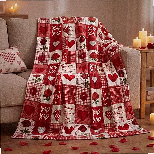 Valentine Plaid Heart Throw Blanket Cozy Romantic Home Accent
