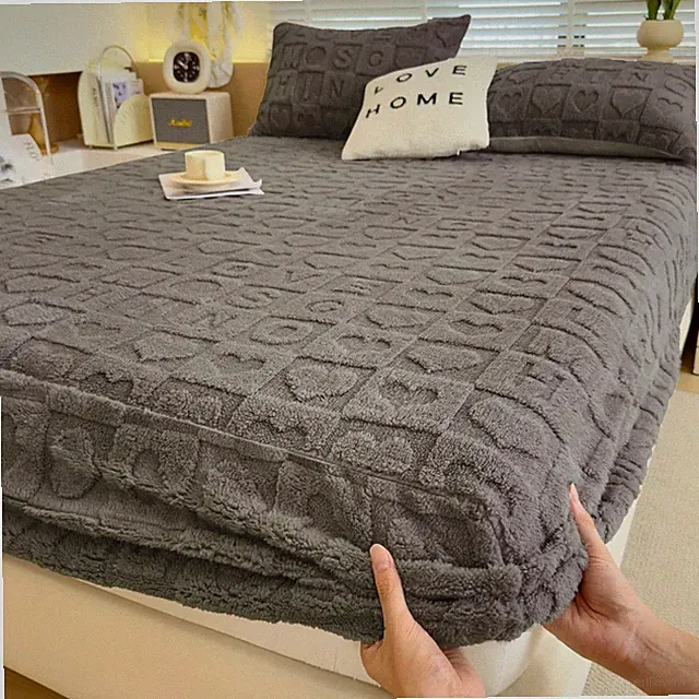 Warm Velvet Fitted Bed Sheet With Elastic Band Heart Mattress Protector Cover Ta